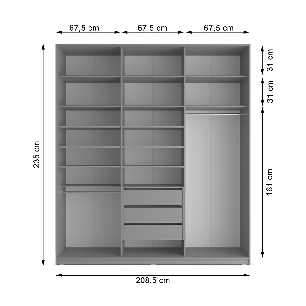 Guarda-Roupa Closet Sion 100% MDF 3 Gavetas Cinza 209 cm