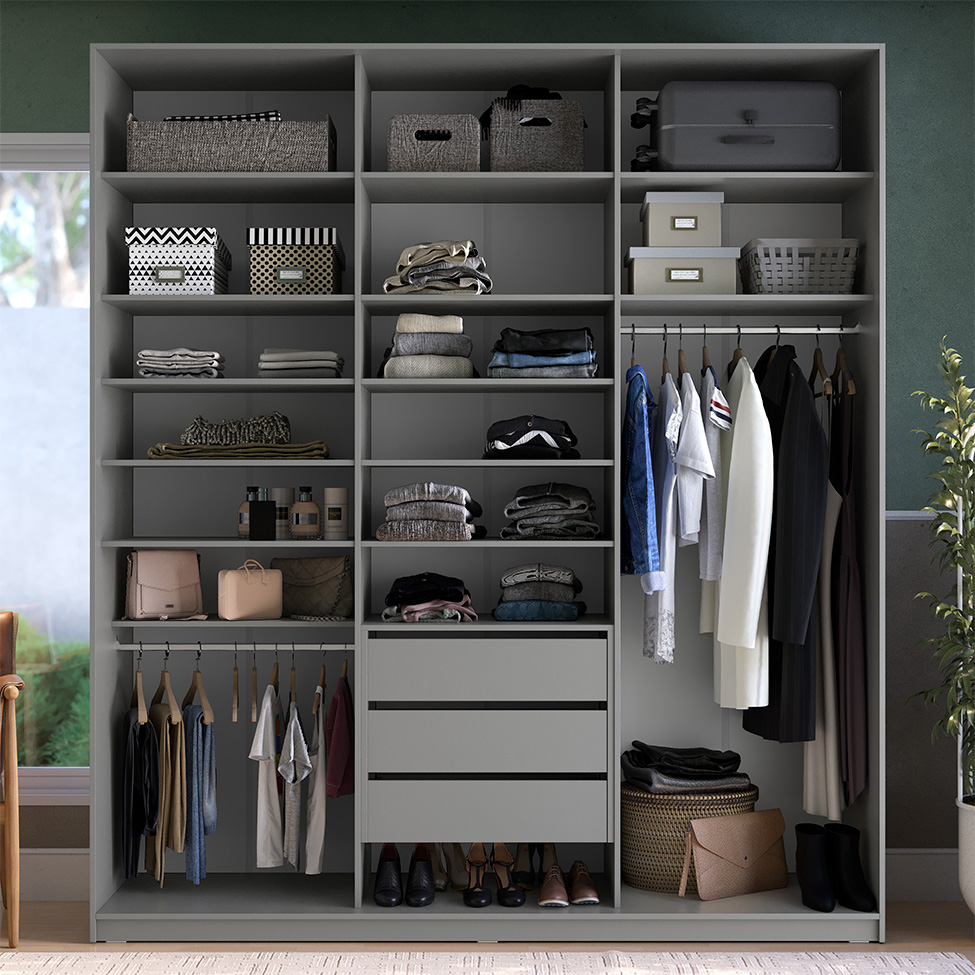 Guarda-Roupa Closet Sion 100% MDF 3 Gavetas Cinza 209 cm