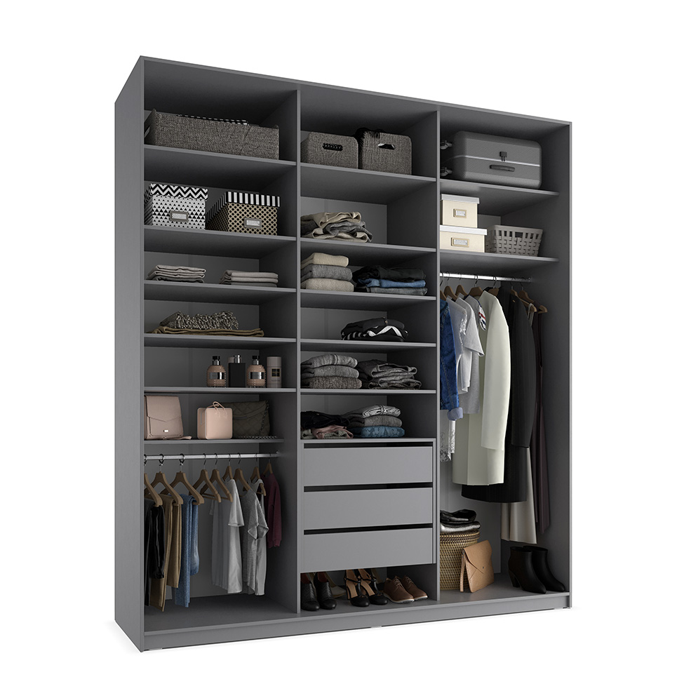 Guarda-Roupa Closet Sion 100% MDF 3 Gavetas Cinza 209 cm