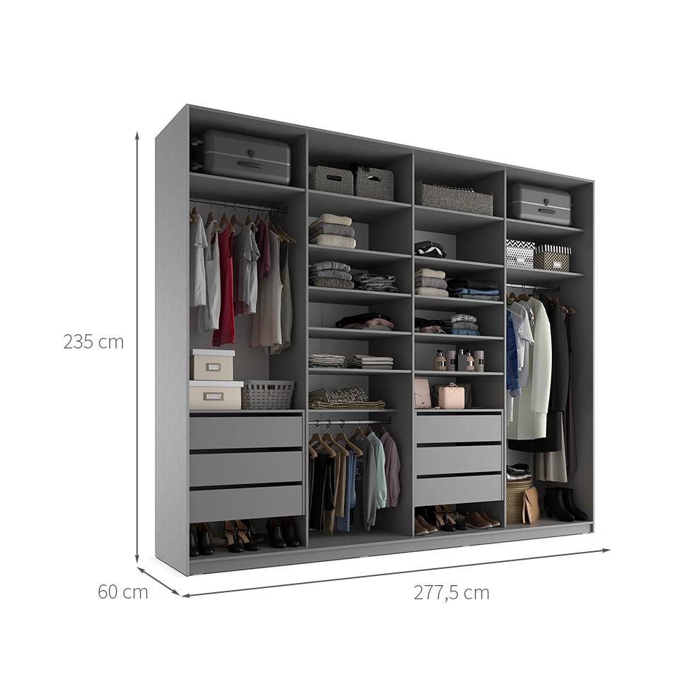 Guarda-Roupa Closet Sion 100% MDF 6 Gavetas Cinza 277 cm