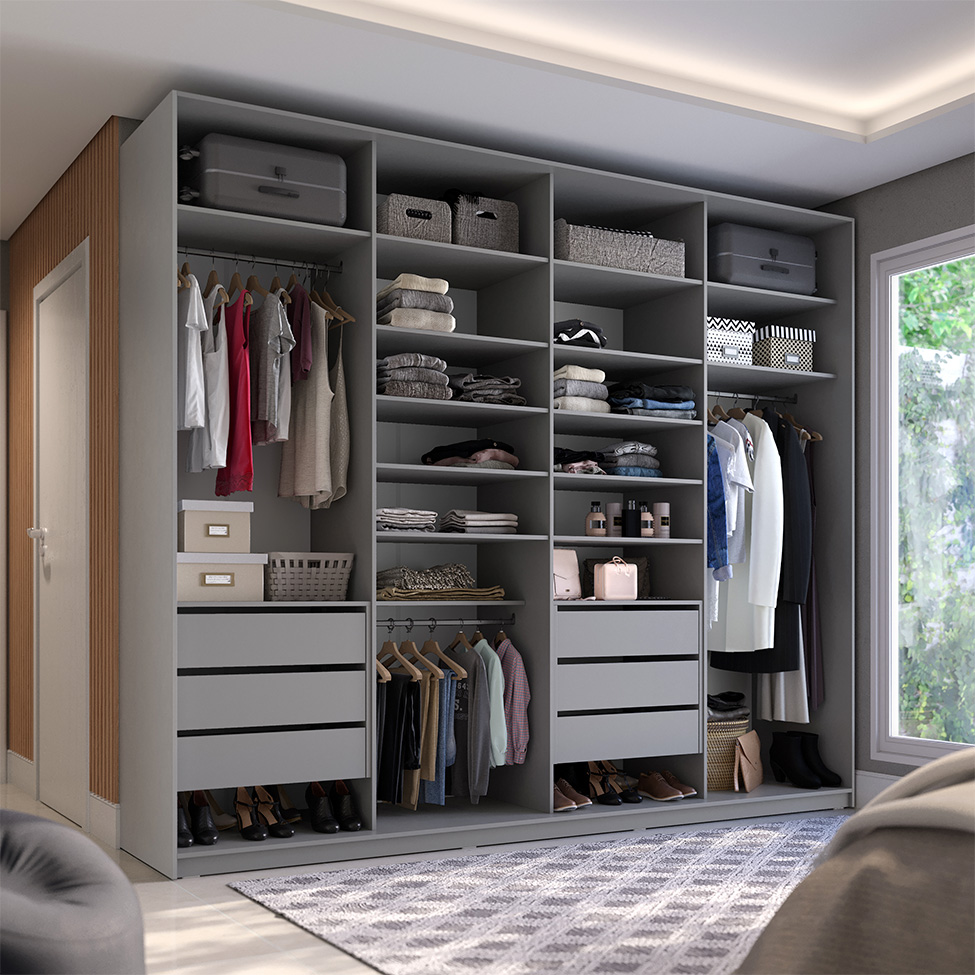 Guarda-Roupa Closet Sion 100% MDF 6 Gavetas Cinza 277 cm