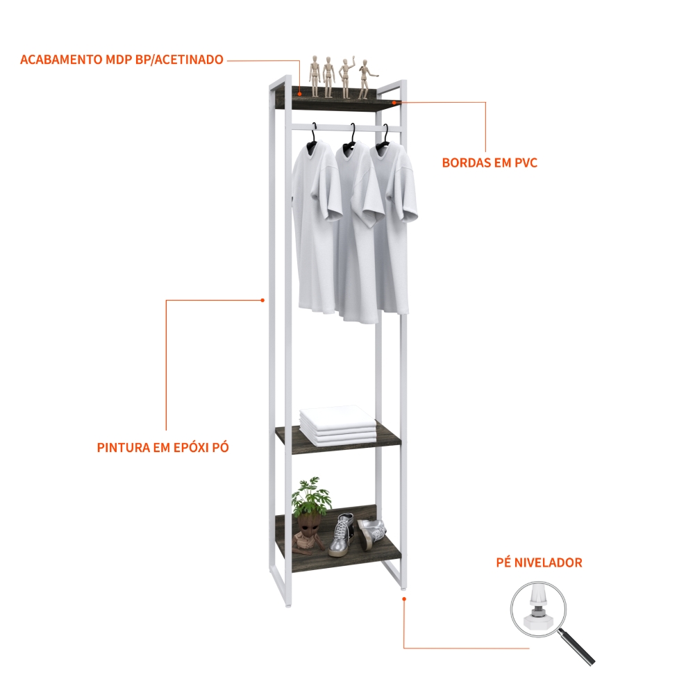 Guarda-Roupa Closet Studio Carvalho Dark e Branco 187x45 cm