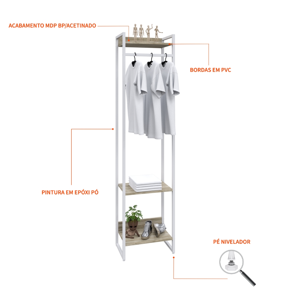 Guarda-Roupa Closet Studio Carvalho e Branco 187x45 cm