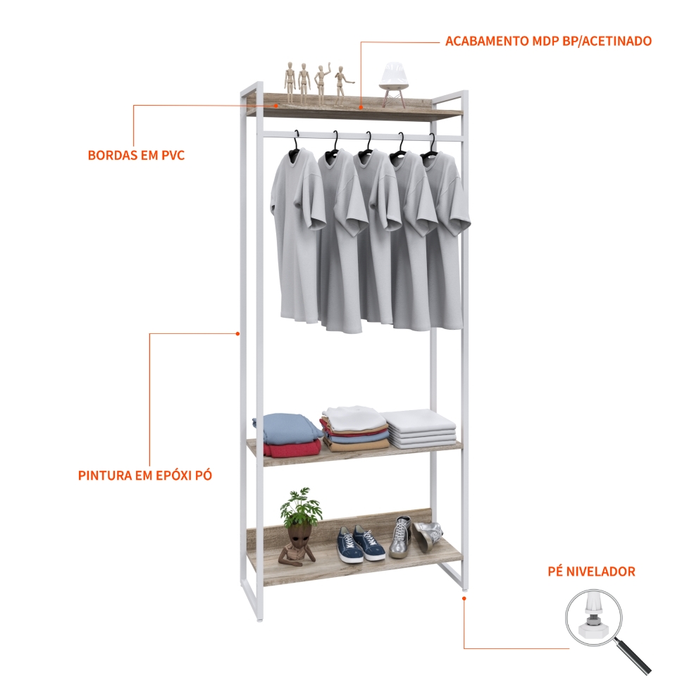 Guarda-Roupa Closet Studio Carvalho e Branco 187x80 cm