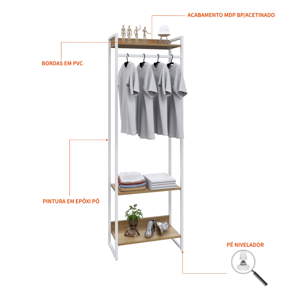 Guarda-Roupa Closet Studio Mel e Branco 187x60 cm