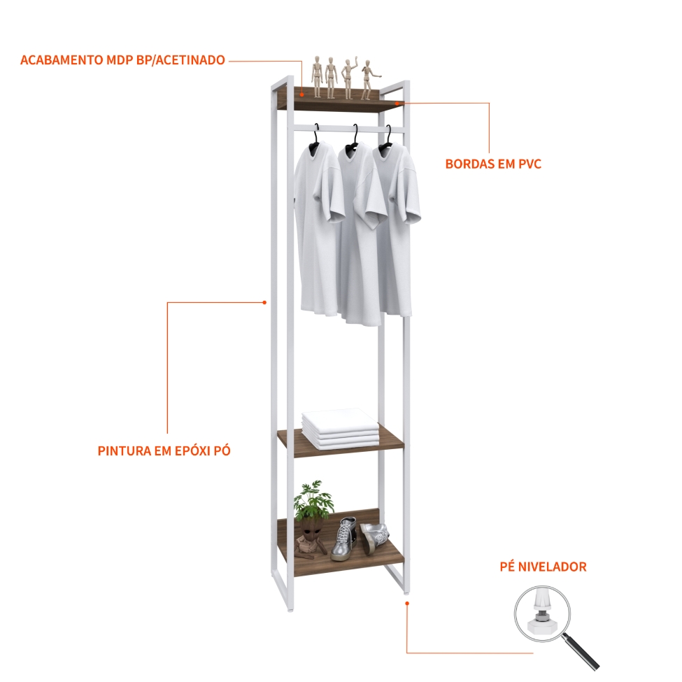 Guarda-Roupa Closet Studio Nogal e Branco 187x45 cm