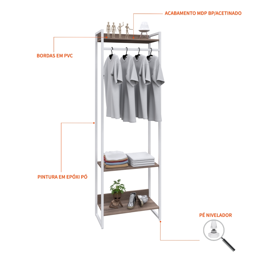 Guarda-Roupa Closet Studio Nogal e Branco 187x60 cm