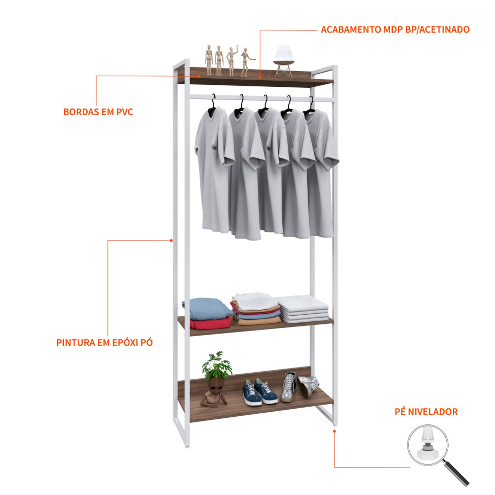 Guarda-Roupa Closet Studio Nogal e Branco 187x80 cm