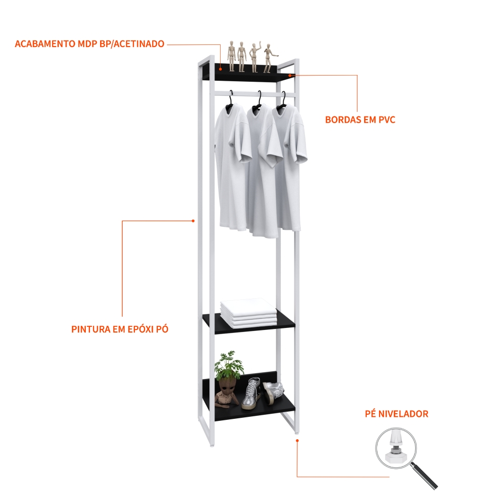 Guarda-Roupa Closet Studio Preto e Branco 187x45 cm