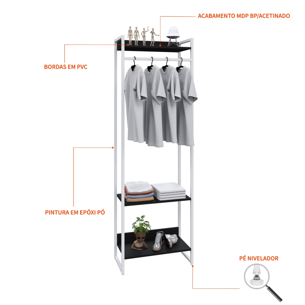 Guarda-Roupa Closet Studio Preto e Branco 187x60 cm