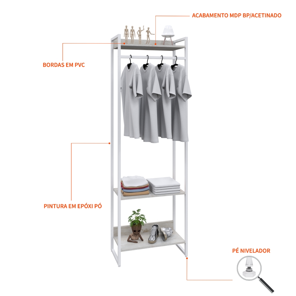 Guarda-Roupa Closet Studio Snow e Branco 187x60 cm