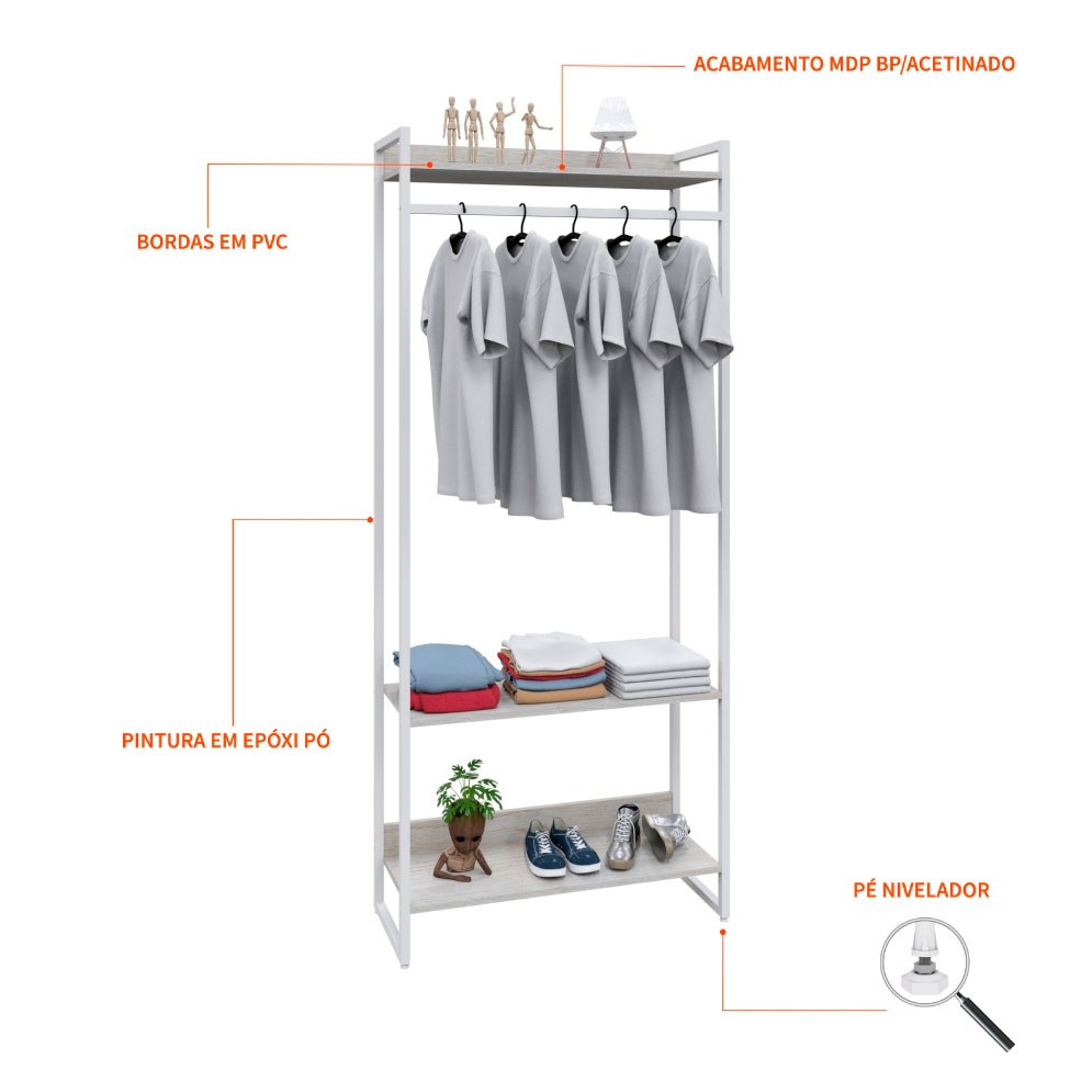 Guarda-Roupa Closet Studio Snow e Branco 187x80 cm