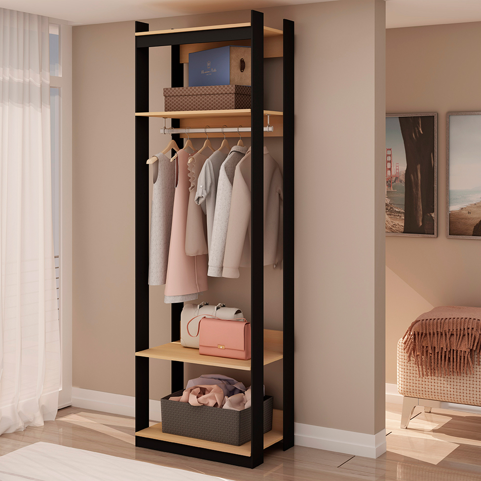 Guarda-Roupa Closet Wood Industrial Freijó e Preto