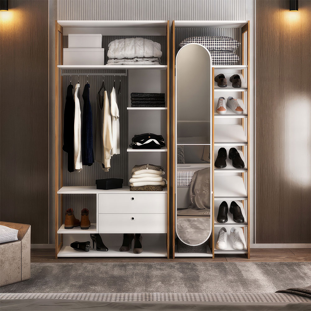 Guarda-Roupa Closet com Espelho Cali 1 Porta 2 Gavetas Branco e Aveiro 156 cm