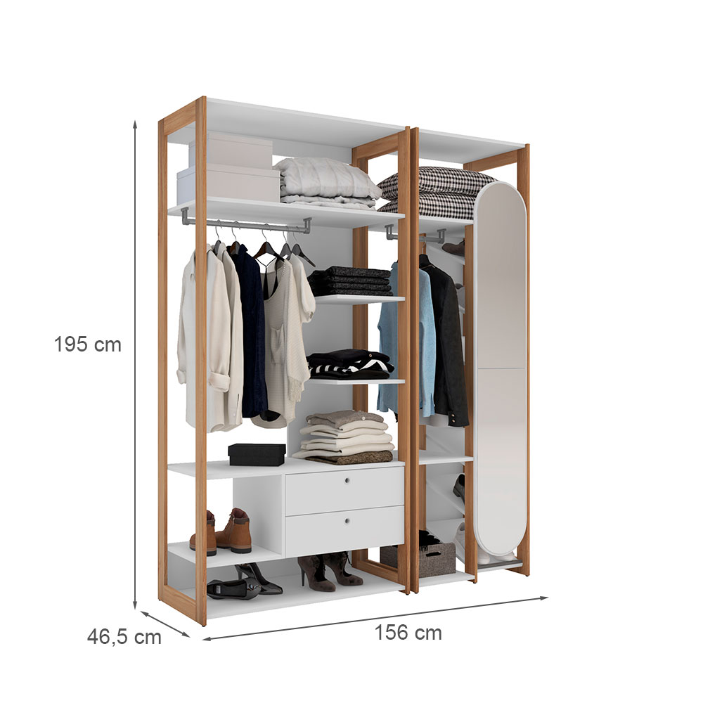 Guarda-Roupa Closet com Espelho Cali 1 Porta 2 Gavetas Branco e Aveiro 156 cm