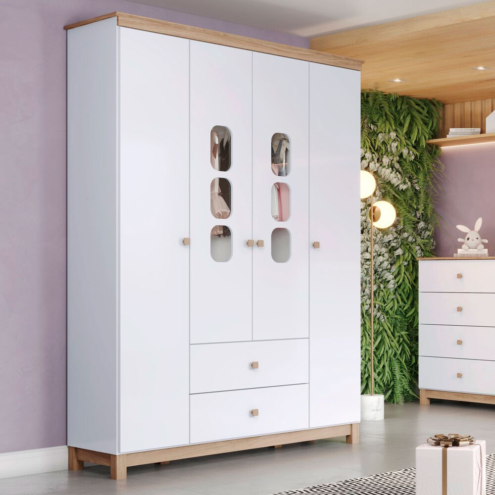 Guarda-Roupa Infantil Aconchego 4 Portas 2 Gavetas Branco e Jequitibá