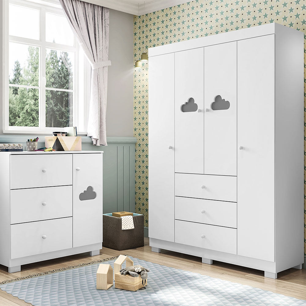Guarda-Roupa Infantil Ane 4 Portas 3 Gavetas Branco