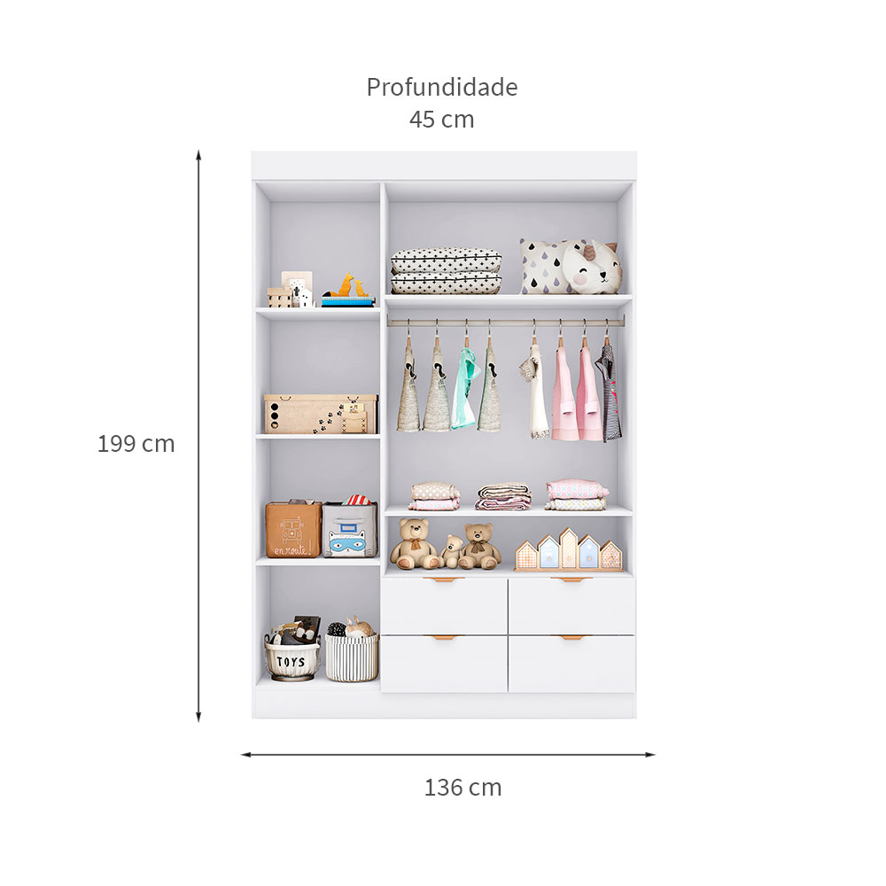 Guarda-Roupa Infantil Ayla 3 Portas 4 Gavetas Branco