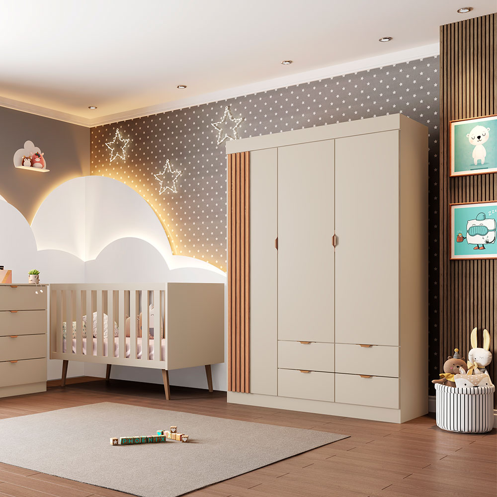 Guarda-Roupa Infantil Ayla 3 Portas 4 Gavetas Off White