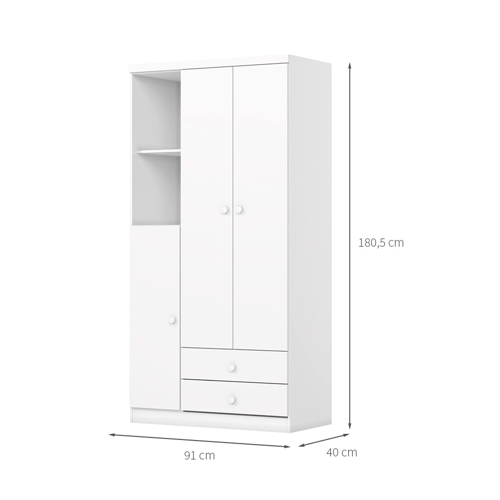 Guarda-Roupa Infantil Bala de Menta 3 Portas 2 Gavetas Branco