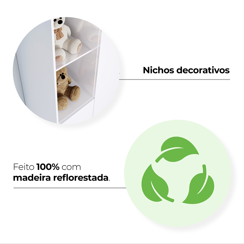 Guarda-Roupa Infantil Bala de Menta 3 Portas 2 Gavetas Branco