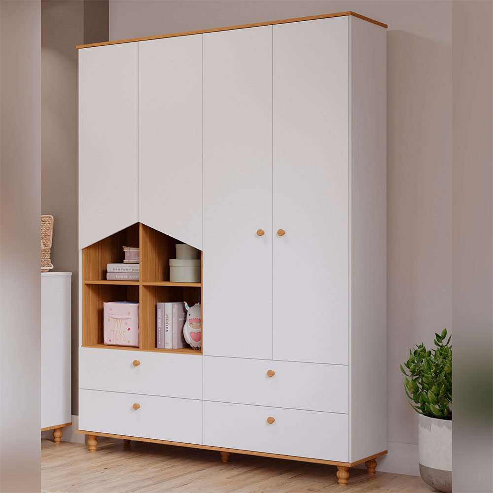Guarda-Roupa Infantil Casinha 4 Portas 4 Gavetas Branco e Nature