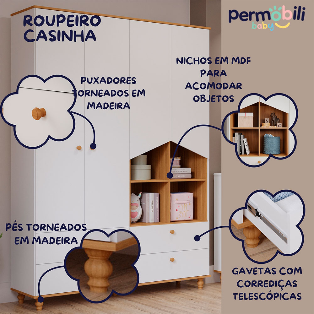Guarda-Roupa Infantil Casinha 4 Portas 4 Gavetas Branco e Nature