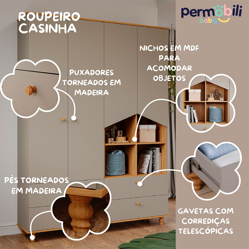 Guarda-Roupa Infantil Casinha 4 Portas 4 Gavetas Fendi e Nature