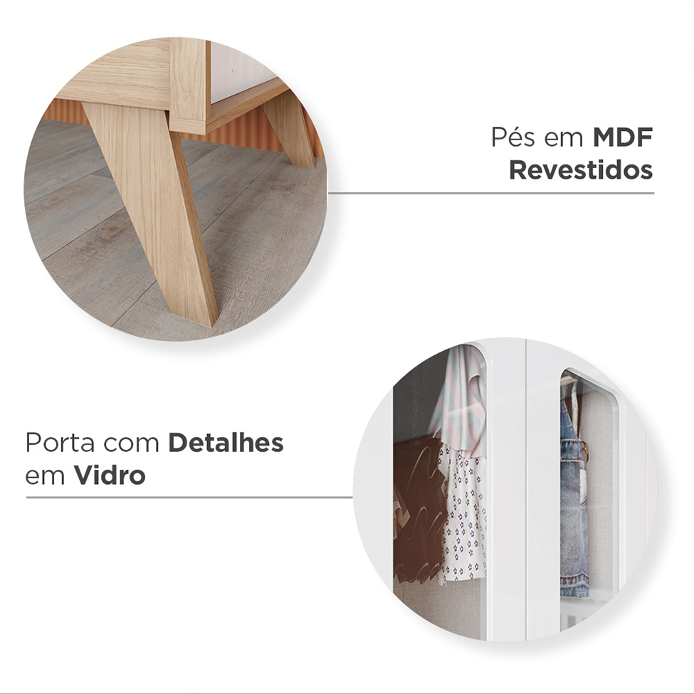 Guarda-Roupa Infantil Confete 4 Portas 2 Gavetas Branco e Jequitibá