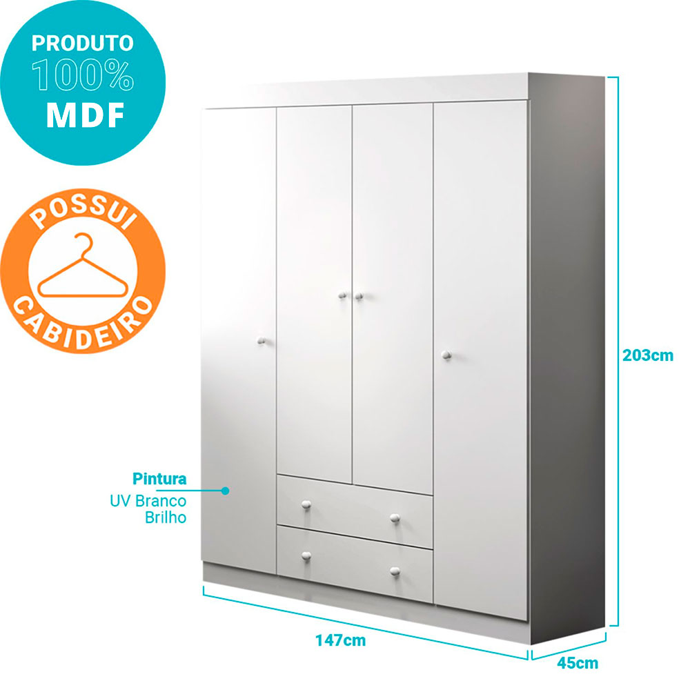 Guarda-Roupa Infantil Elisa 4 Portas 2 Gavetas Branco