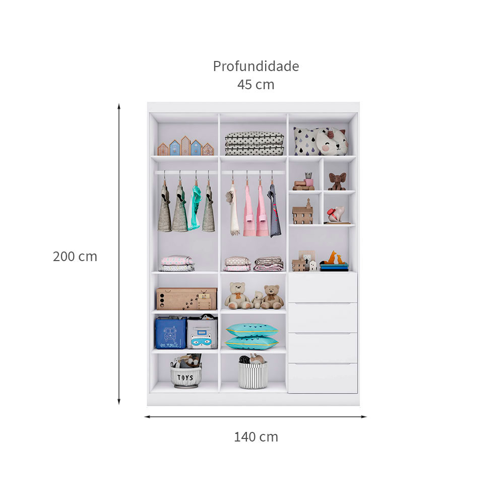 Guarda-Roupa Infantil Eloá 3 Portas 4 Gavetas Branco e Cinza