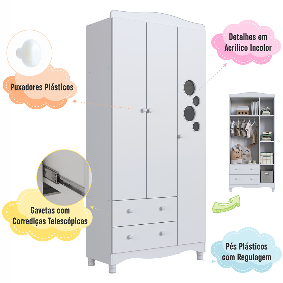 Guarda-Roupa Infantil Encanto 3 Portas 2 Gavetas Branco