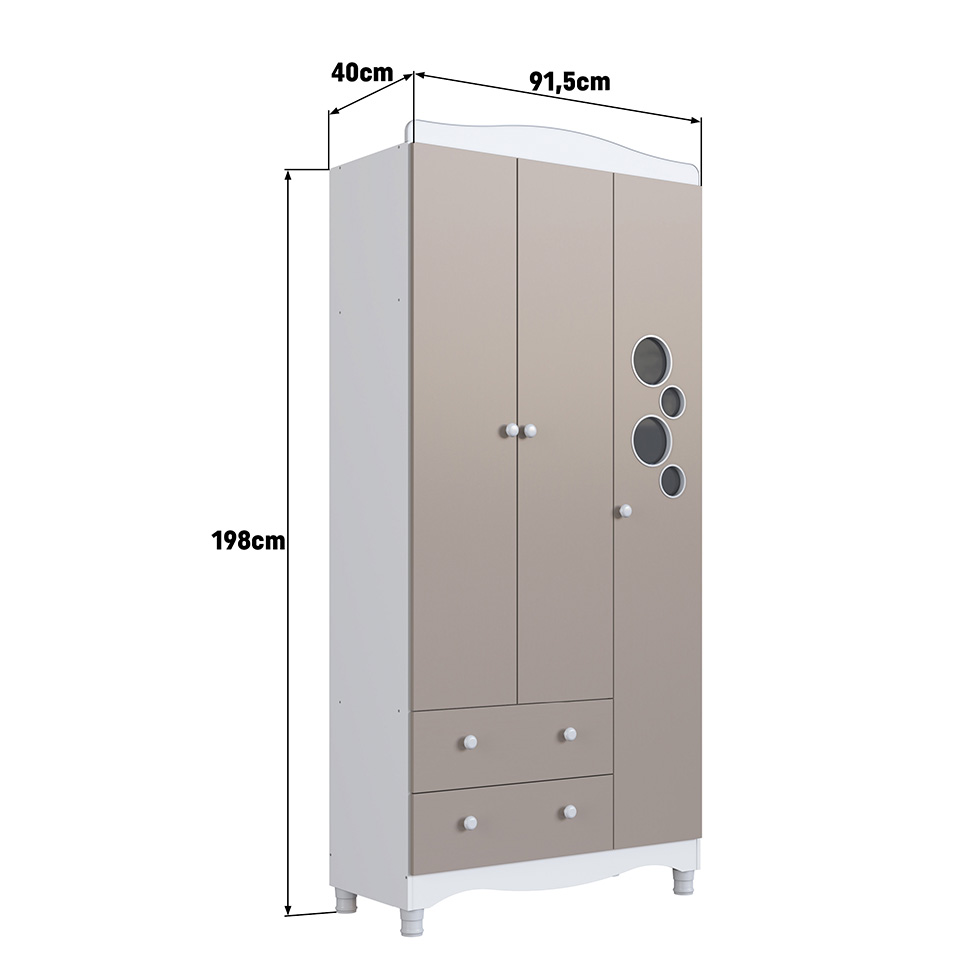 Guarda-Roupa Infantil Encanto 3 Portas 2 Gavetas Branco e Cinnamom