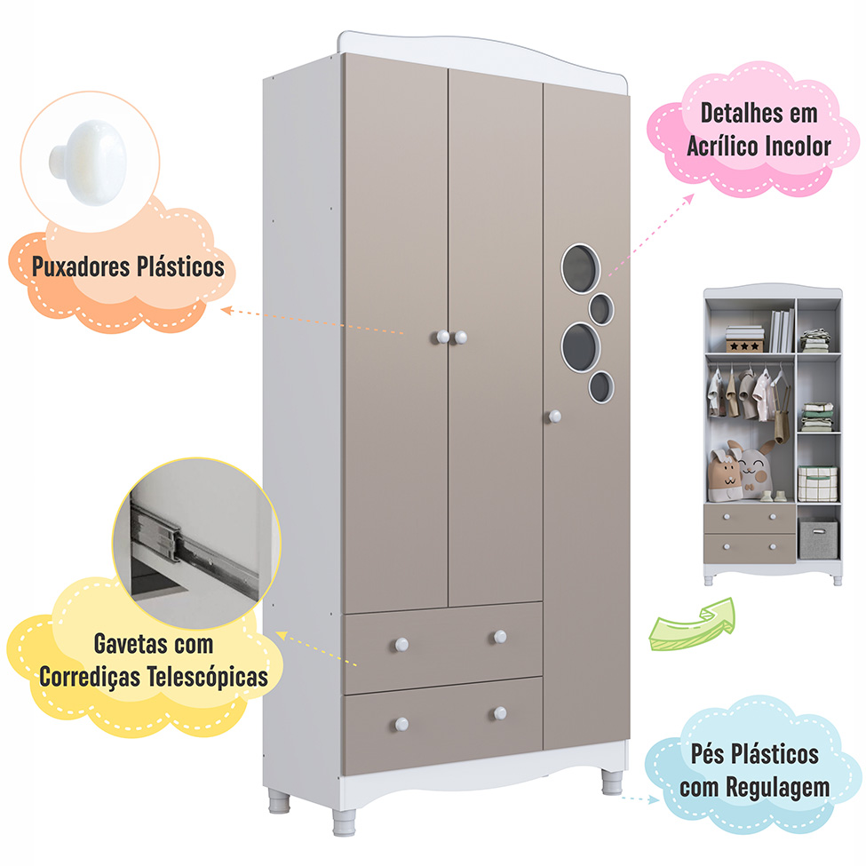 Guarda-Roupa Infantil Encanto 3 Portas 2 Gavetas Branco e Cinnamom