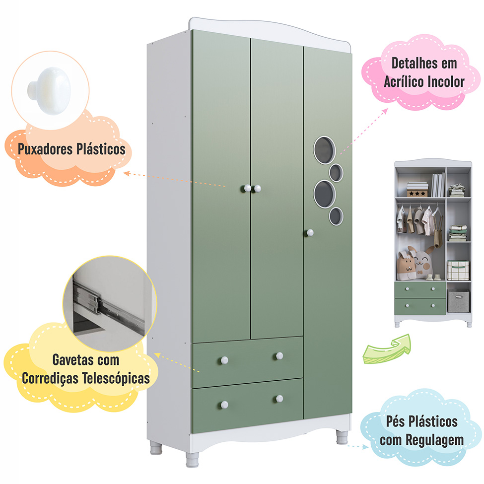 Guarda-Roupa Infantil Encanto 3 Portas 2 Gavetas Branco e Verde
