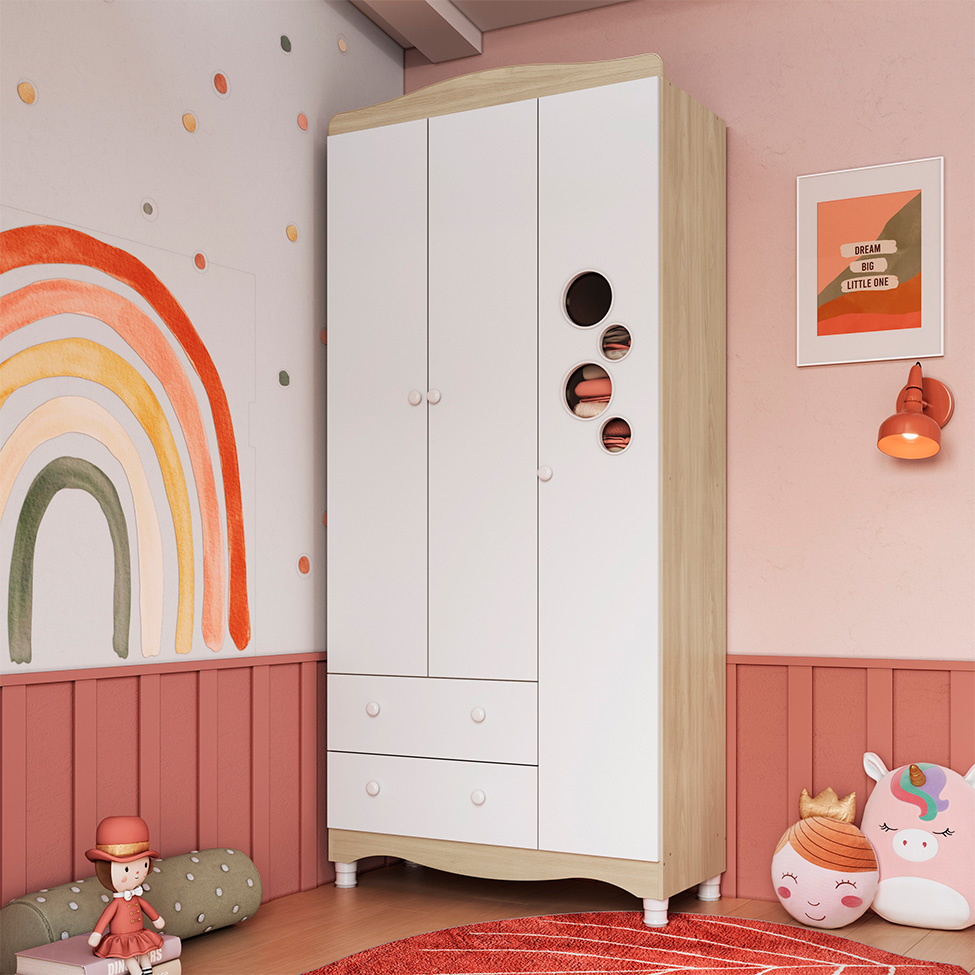 Guarda-Roupa Infantil Encanto 3 Portas 2 Gavetas Carvalho e Branco