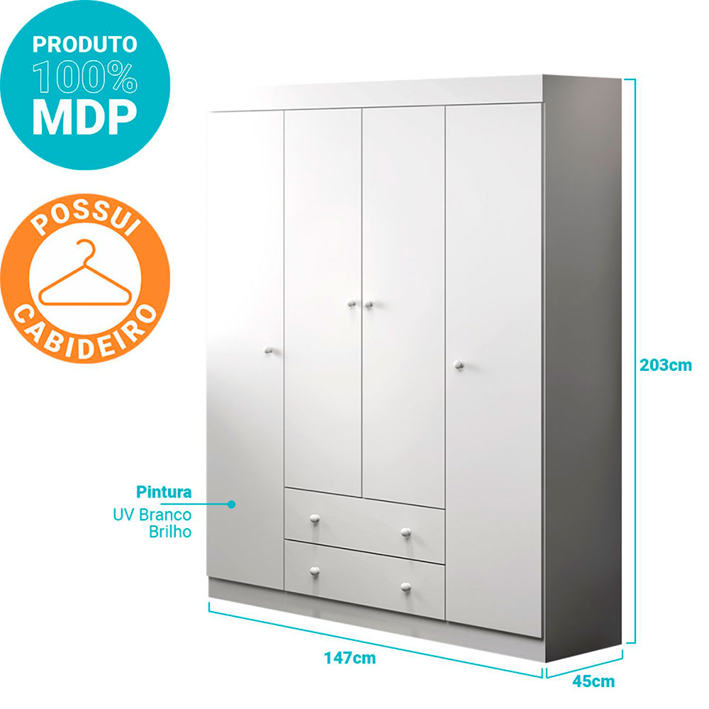 Guarda-Roupa Infantil Helena 4 Portas 2 Gavetas Branco