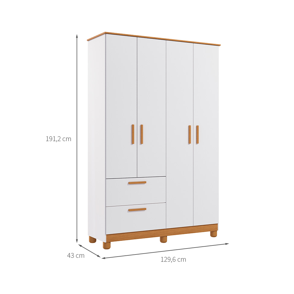 Guarda-Roupa Infantil Jujuba 4 Portas 2 Gavetas Branco e Nature