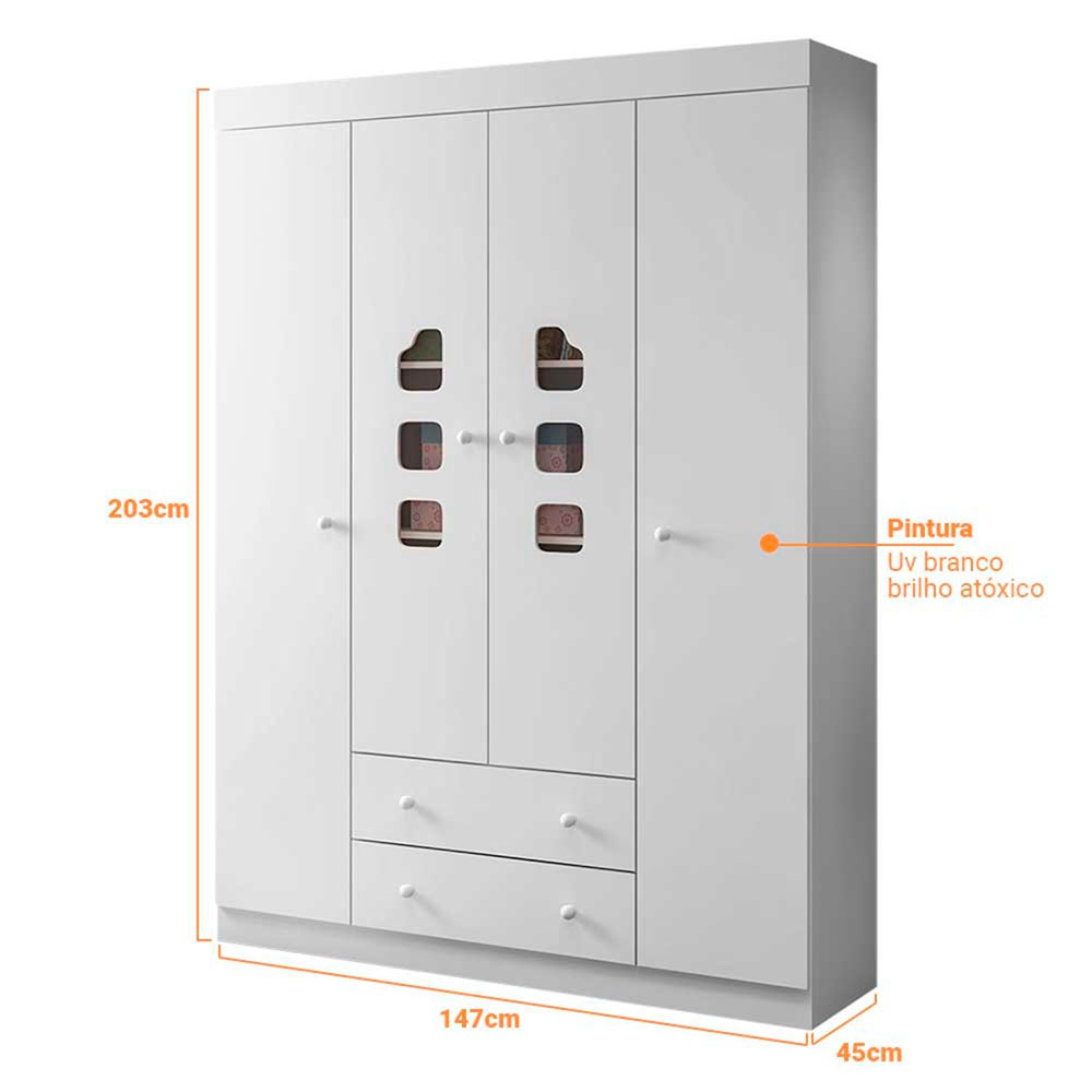 Guarda-Roupa Infantil Lívia 4 Portas 2 Gavetas Branco