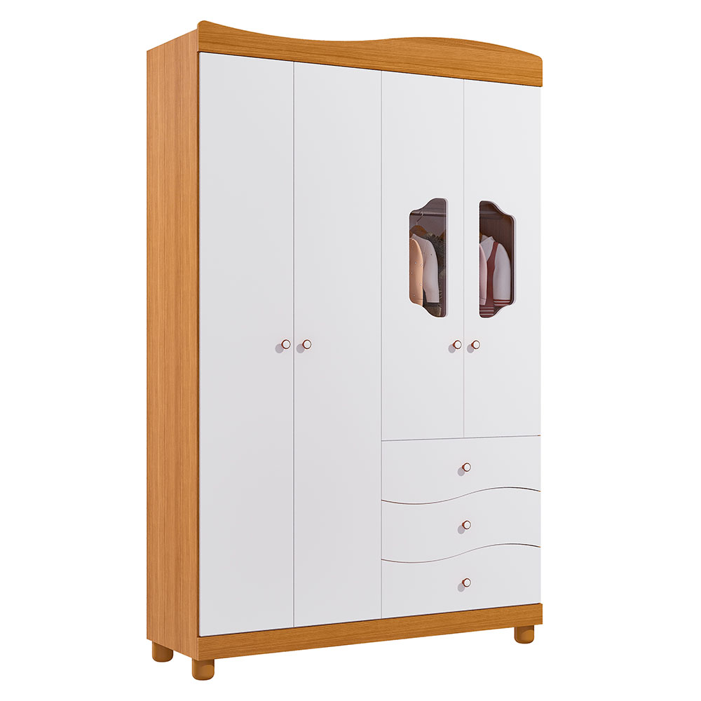 Guarda-Roupa Infantil Riso 4 Portas 3 Gavetas Nature e Branco