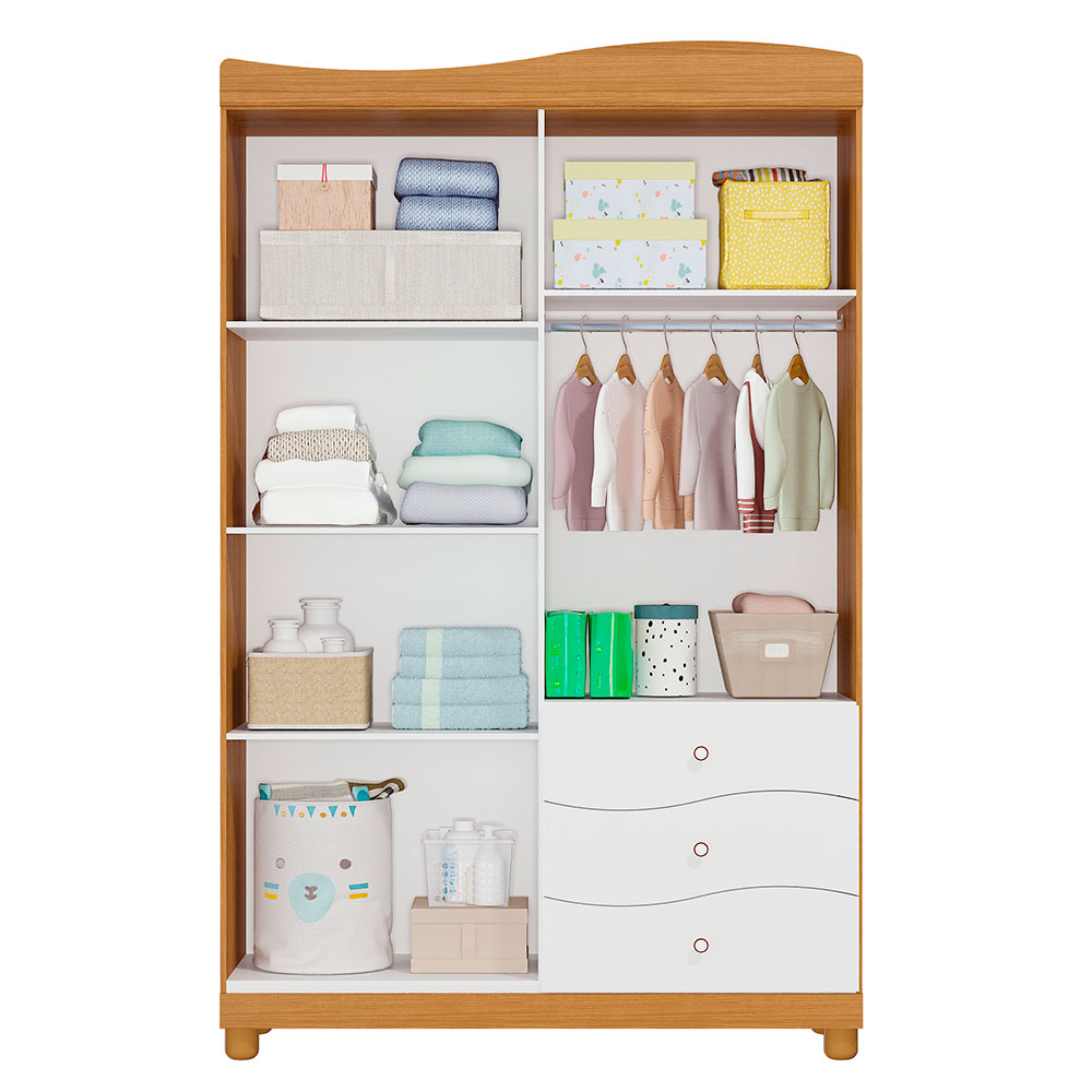 Guarda-Roupa Infantil Riso 4 Portas 3 Gavetas Nature e Branco