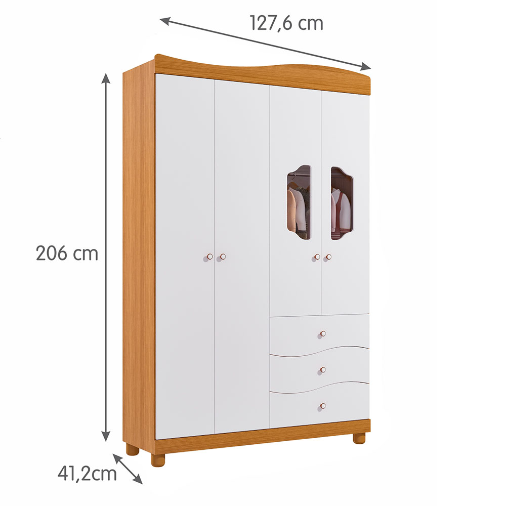 Guarda-Roupa Infantil Riso 4 Portas 3 Gavetas Nature e Branco