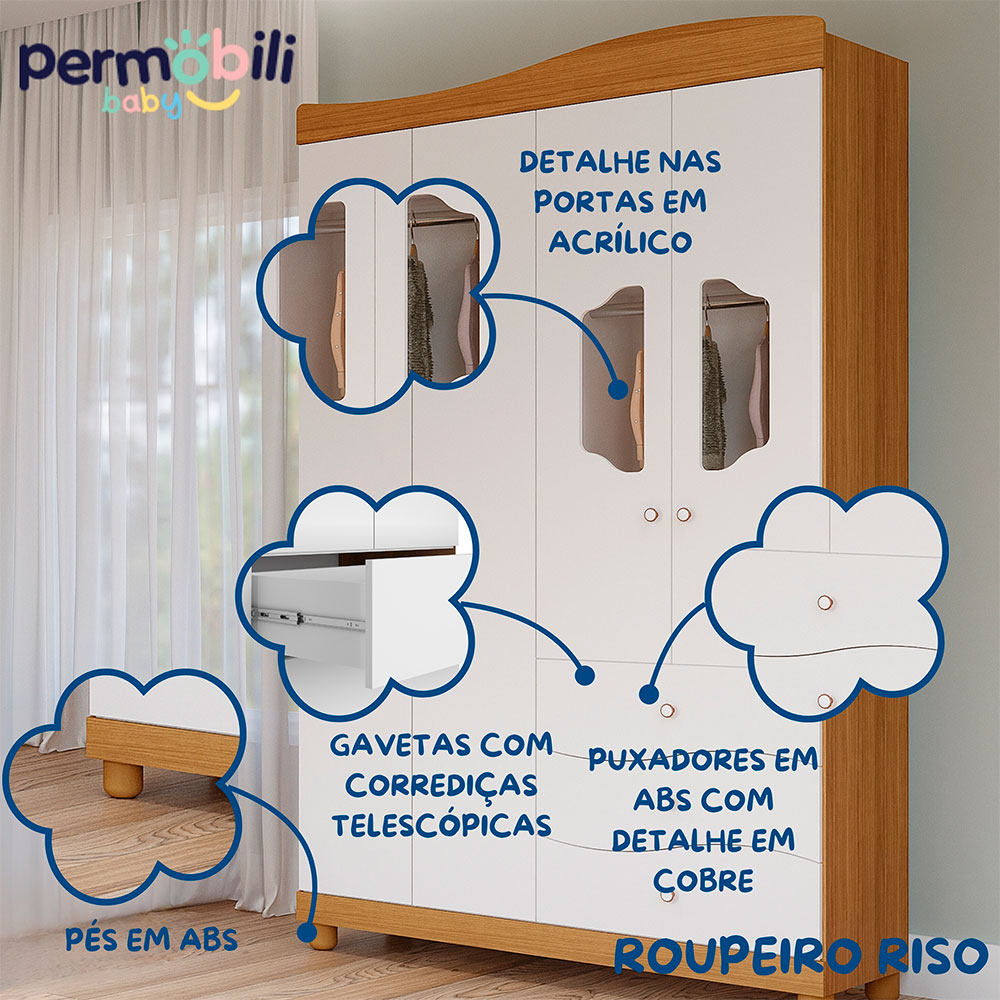Guarda-Roupa Infantil Riso 4 Portas 3 Gavetas Nature e Branco