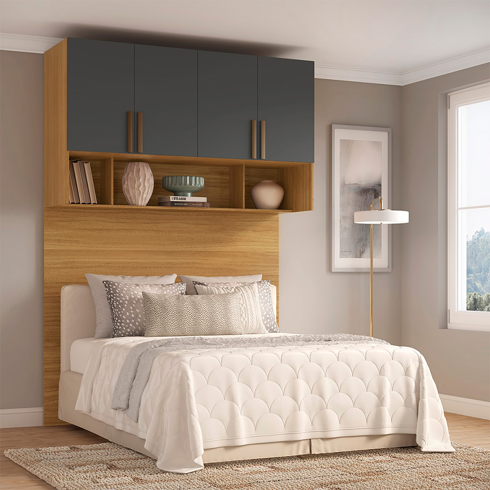 Guarda-Roupa Modulado Aéreo com Cabeceira Altezza Trend 4 Portas Freijó e Titânio 170 cm