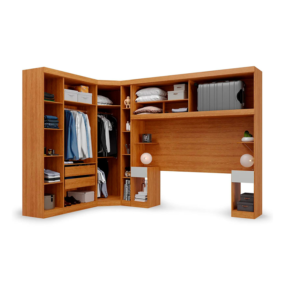 Guarda-Roupa Modulado com Cabeceira Gênova 6 Portas 4 Gavetas Freijó Wood e Off White
