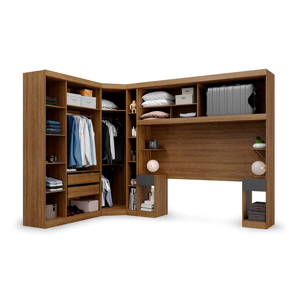 Guarda-Roupa Modulado com Cabeceira Gênova 6 Portas 4 Gavetas Ipê Wood e Grafite