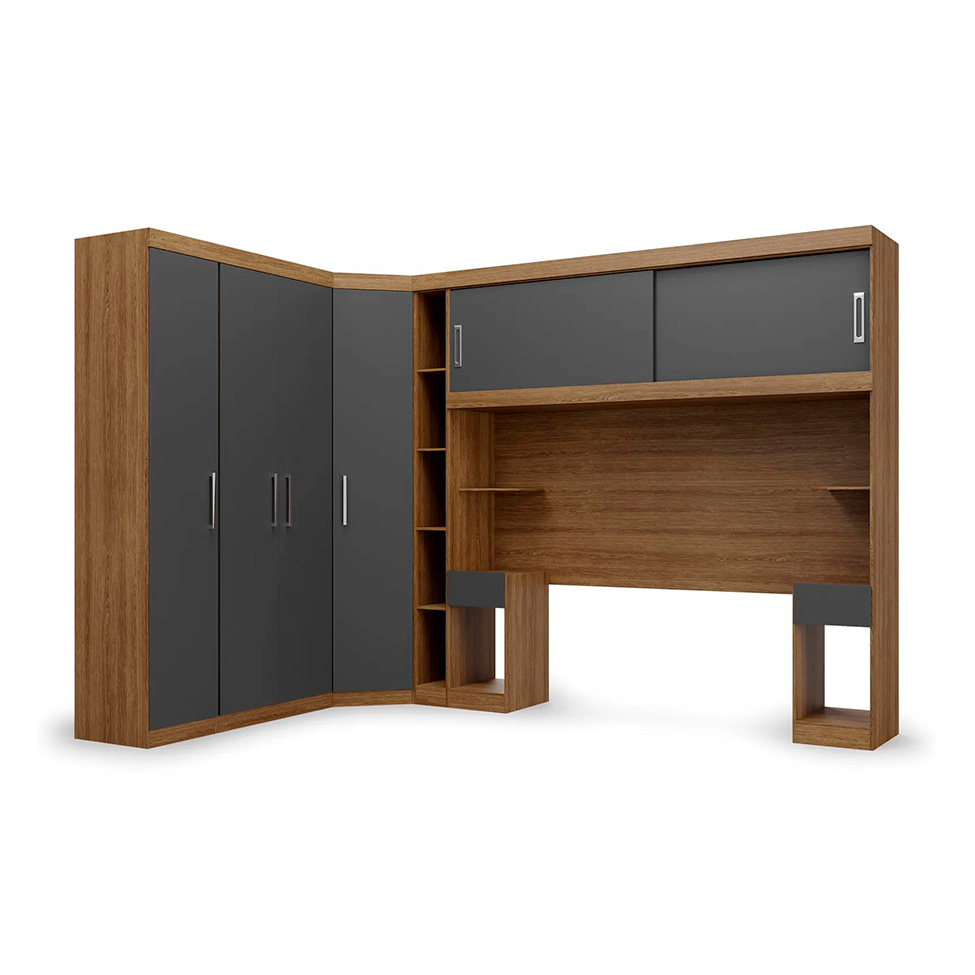 Guarda-Roupa Modulado com Cabeceira Gênova 6 Portas 4 Gavetas Ipê Wood e Grafite