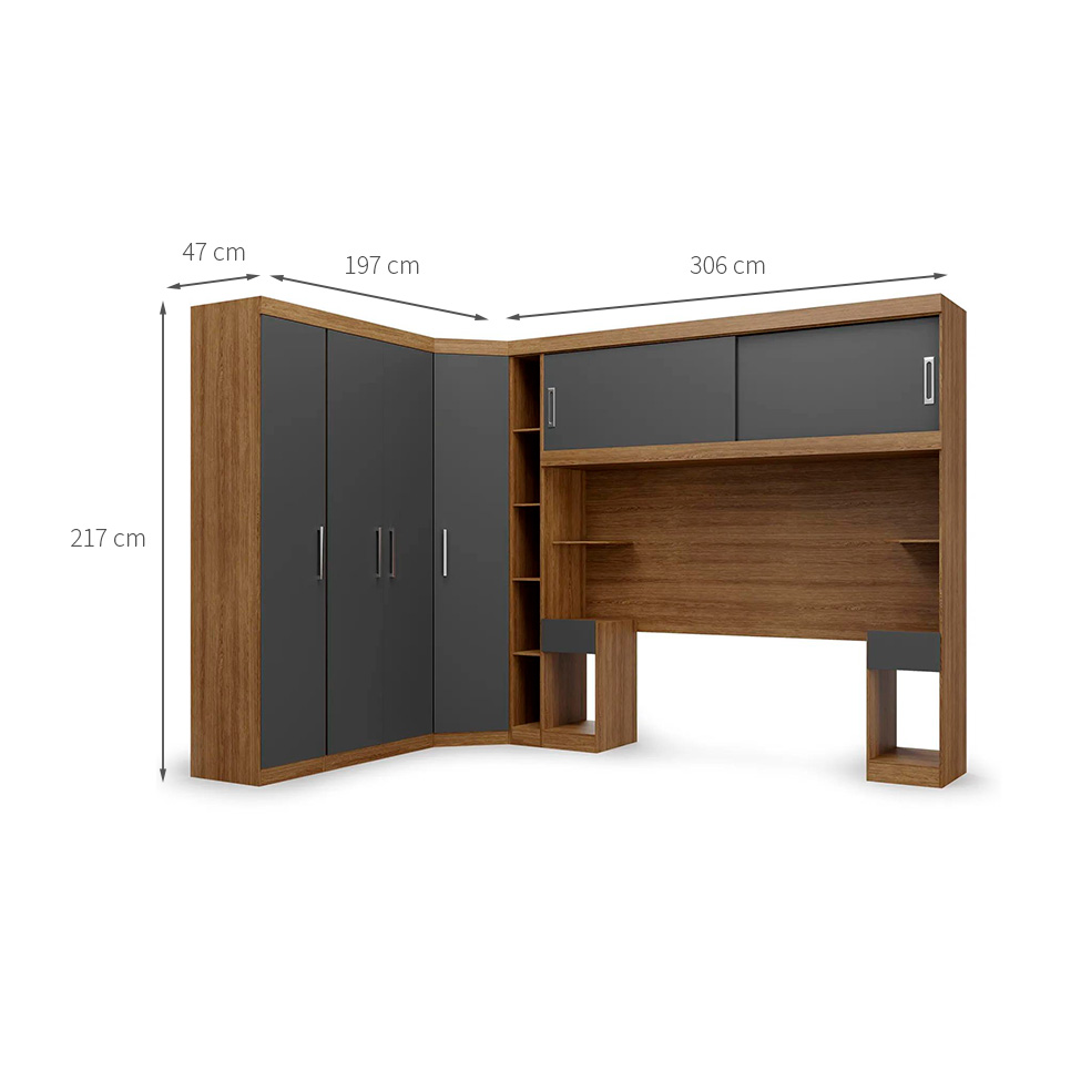 Guarda-Roupa Modulado com Cabeceira Gênova 6 Portas 4 Gavetas Ipê Wood e Grafite