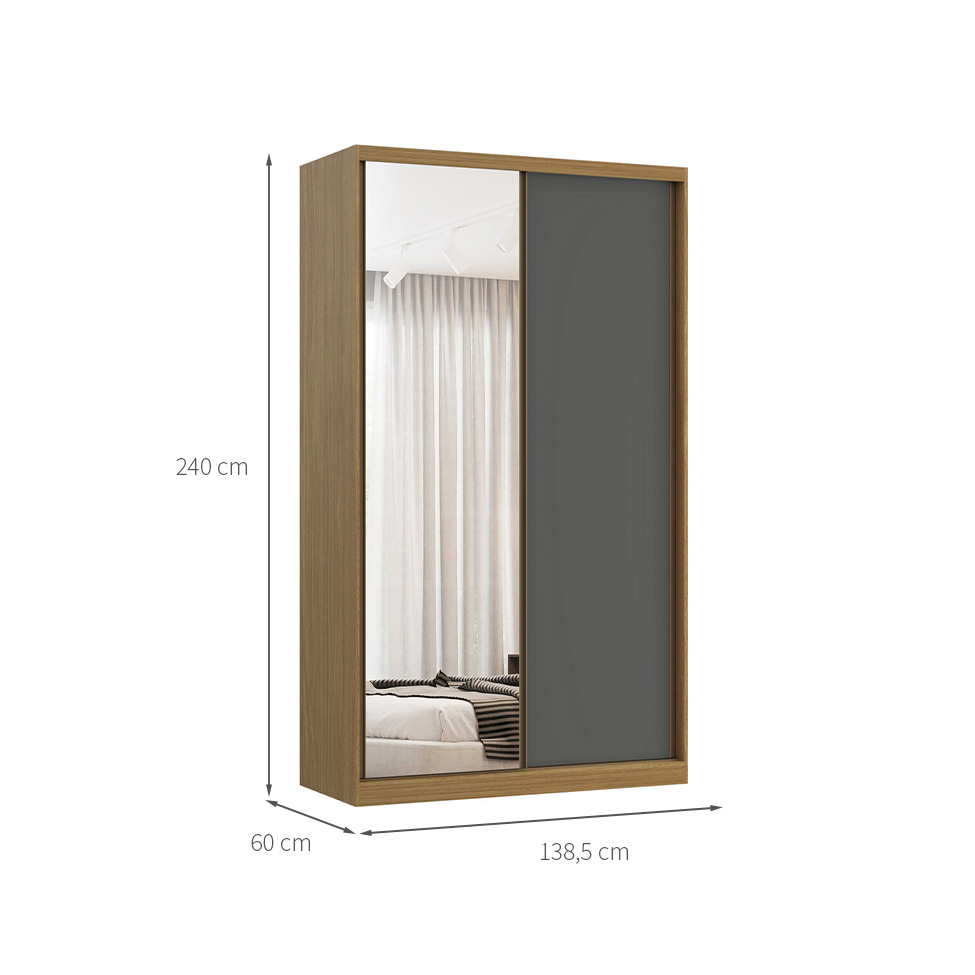 Guarda-Roupa Modulado com Espelho Altezza 2 Portas 3 Gavetas Freijó e Titânio