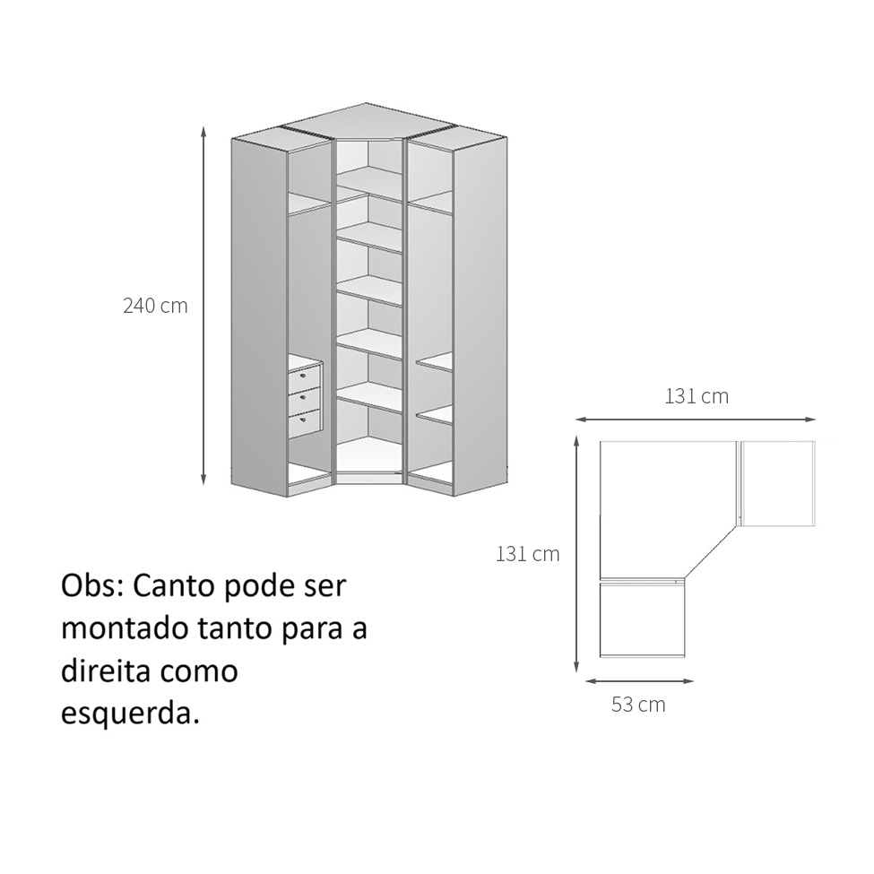 Guarda-Roupa Modulado com Espelho Altezza 3 Portas 3 Gavetas Freijó e Titânio